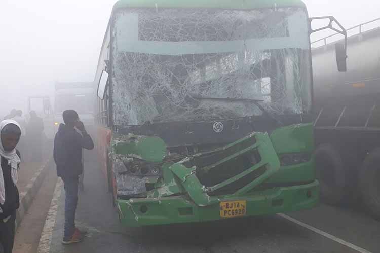 Public transport bus damaged in road accident in Jaipur's Kanota