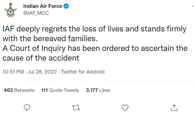 MIG - 21 crash IAF inquiry tweet